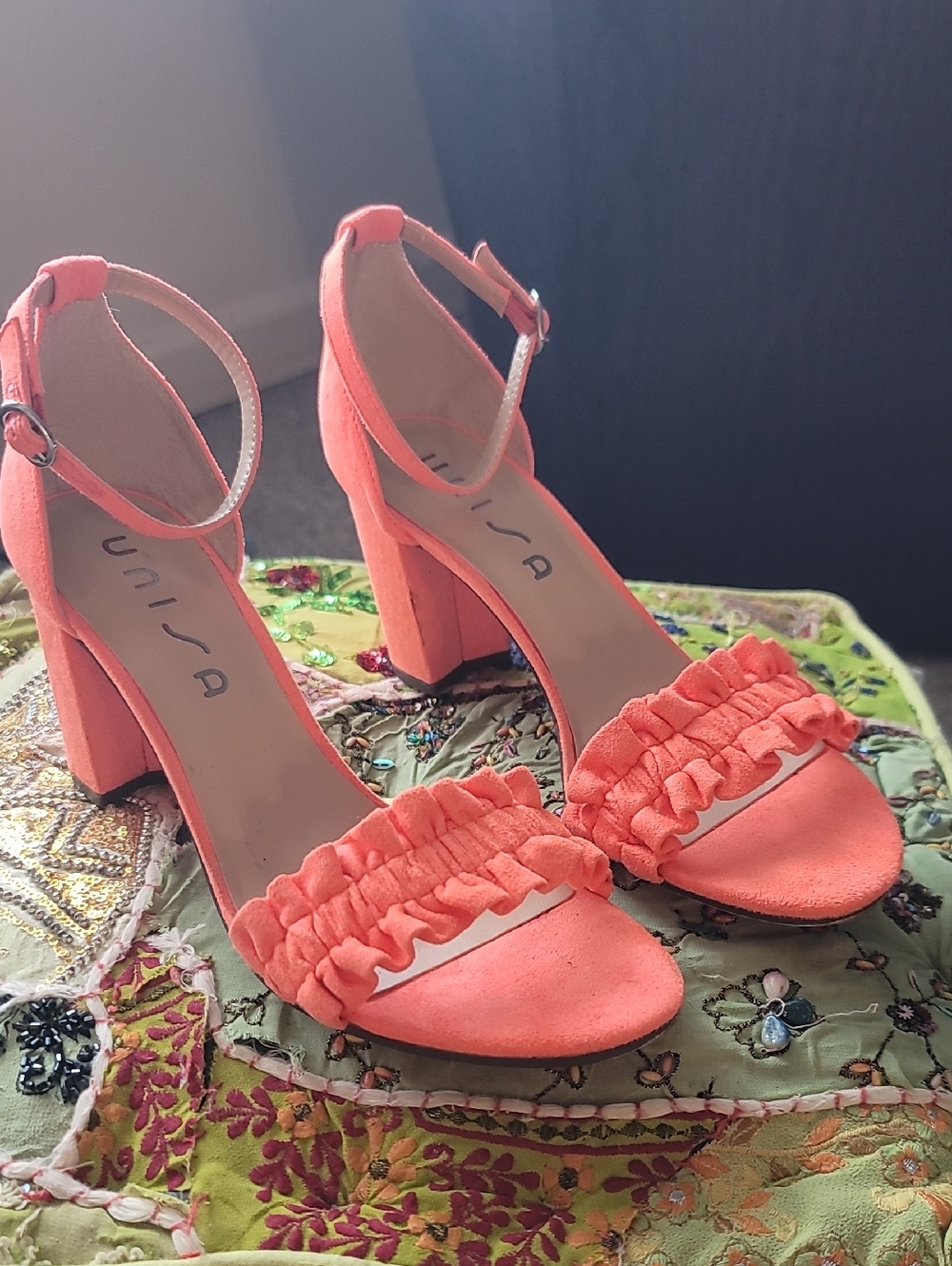 Unisa Orange Colored Block Heal Ruffled Sandal
